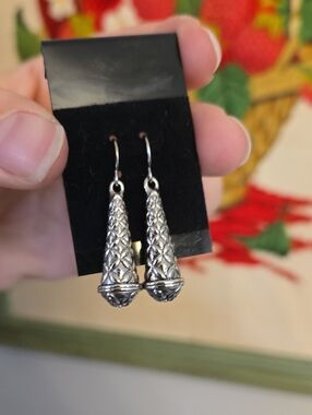 Sterling Silver Long Drop Oxidized Silver Dangle Hook Back Earrings
